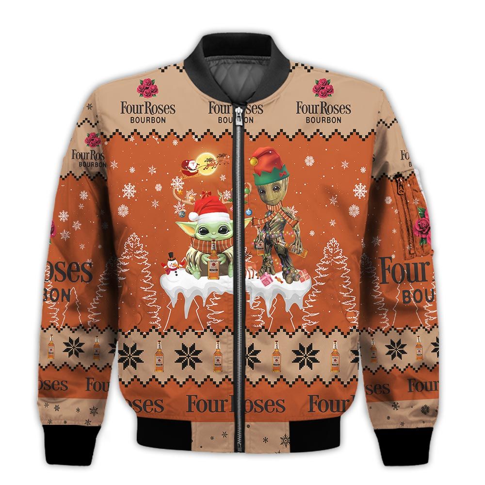 Tis-The-Season-Christmas-2022-Baby-Yoda-Groot-Santa-Claus-Deer-Unisex-Gift-Four-Roses-Whiskey-3D-Bomber-Jacket-1