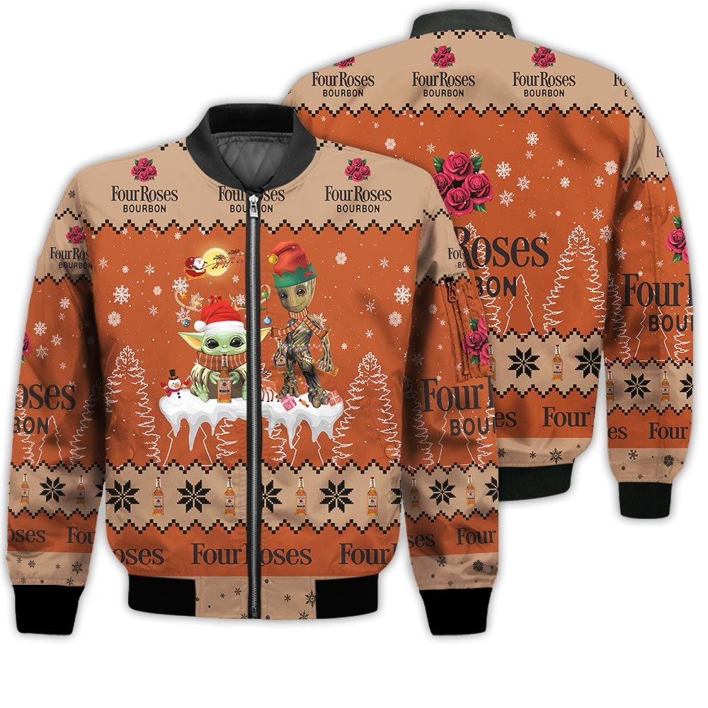 Tis The Season Christmas 2022 Baby Yoda Groot Santa Claus Deer Unisex Gift Four Roses Whiskey 3D Bomber Jacket Tis The Season Christmas 2022 Baby Yoda Groot Santa Claus Deer Unisex Gift Four Roses Whiskey 3D Bomber Jacket