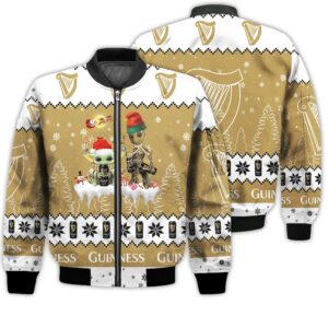 Tis The Season Christmas 2022 Baby Yoda Groot Santa Claus Deer Unisex Gift Guinness Beers 3D Bomber Jacket