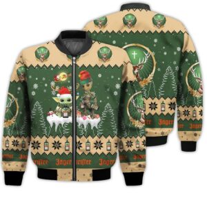 Tis The Season Christmas 2022 Baby Yoda Groot Santa Claus Deer Unisex Gift Jagermeister Whiskey 3D Bomber Jacket