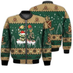 Tis The Season Christmas 2022 Baby Yoda Groot Santa Claus Deer Unisex Gift Jameson Whiskey 3D Bomber Jacket