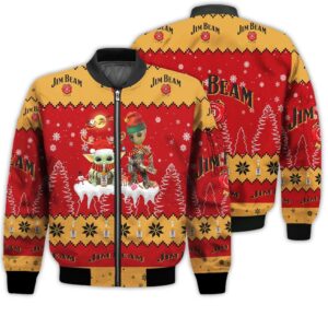 Tis The Season Christmas 2022 Baby Yoda Groot Santa Claus Deer Unisex Gift Jim Beam Whiskey 3D Bomber Jacket