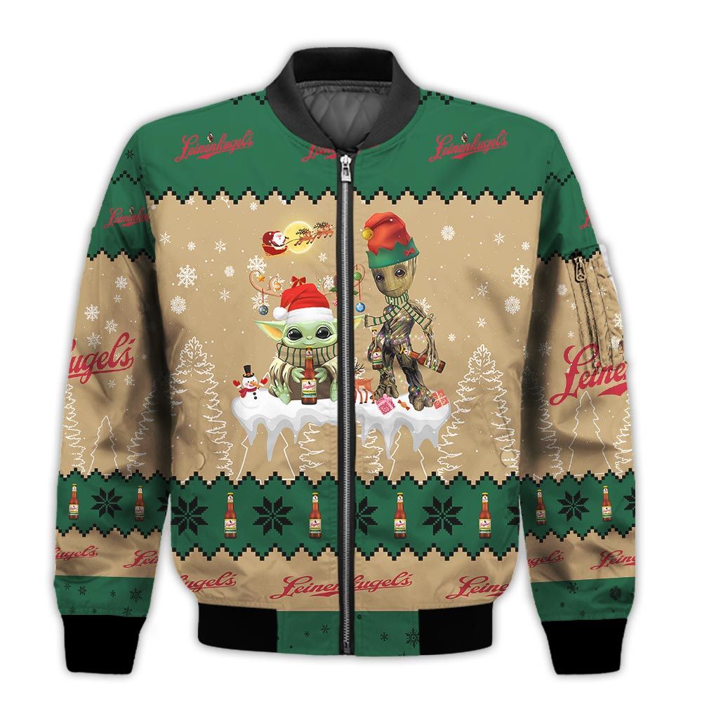 Tis-The-Season-Christmas-2022-Baby-Yoda-Groot-Santa-Claus-Deer-Unisex-Gift-Leinenkugel-Beers-3D-Bomber-Jacket-1