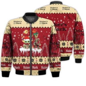 Tis The Season Christmas 2022 Baby Yoda Groot Santa Claus Deer Unisex Gift Maker’s Mark Whiskey 3D Bomber Jacket