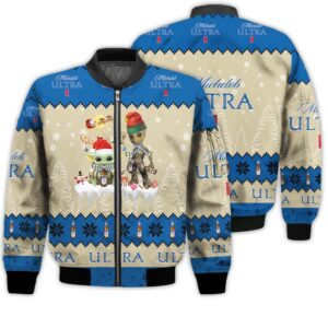 Tis The Season Christmas 2022 Baby Yoda Groot Santa Claus Deer Unisex Gift Michelob Ultra Beers 3D Bomber Jacket