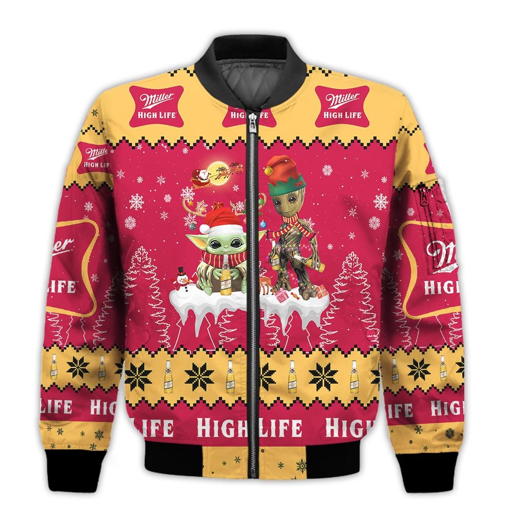 Tis-The-Season-Christmas-2022-Baby-Yoda-Groot-Santa-Claus-Deer-Unisex-Gift-Miller-High-Life-Beers-3D-Bomber-Jacket-1
