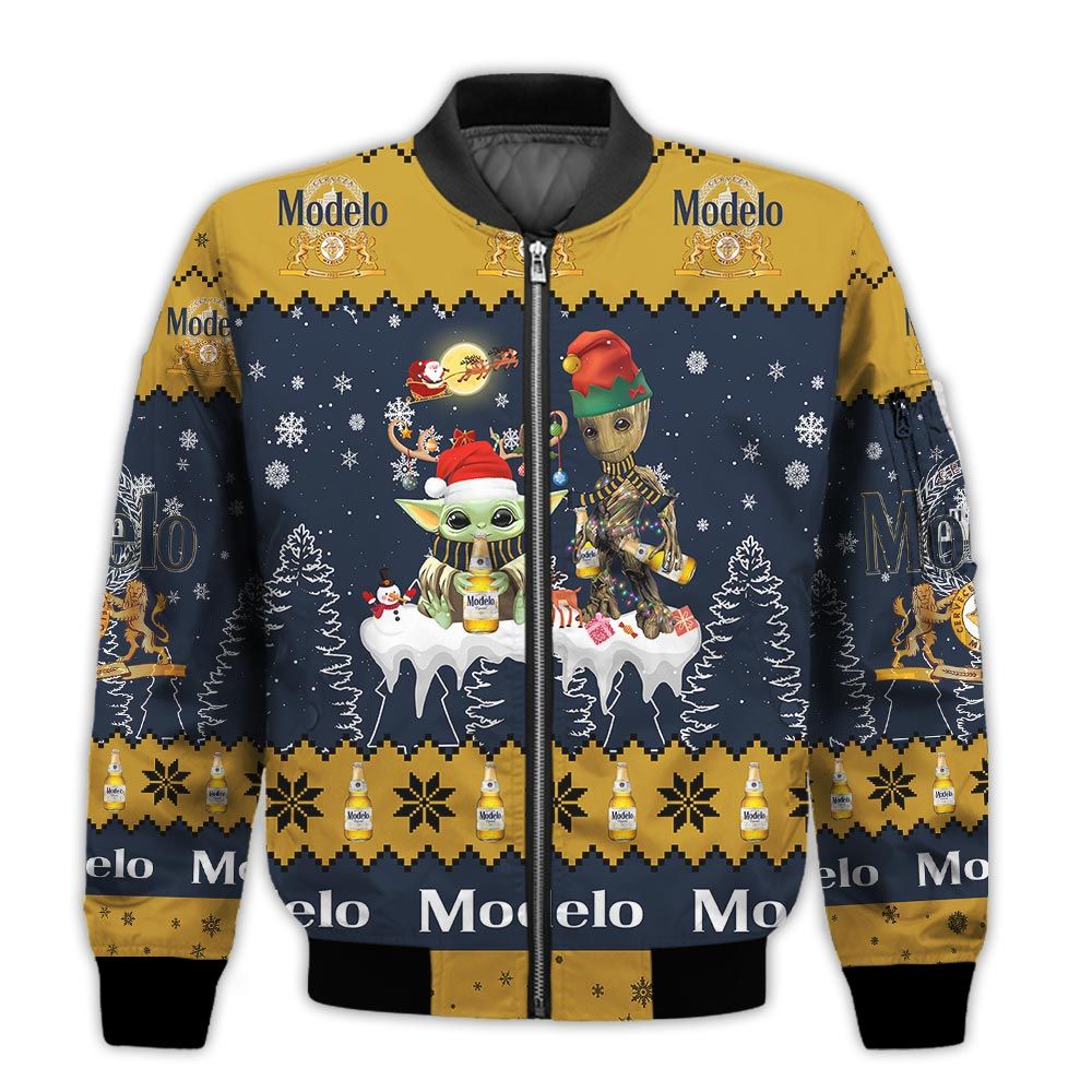 Tis-The-Season-Christmas-2022-Baby-Yoda-Groot-Santa-Claus-Deer-Unisex-Gift-Modelo-Beers-3D-Bomber-Jacket-1