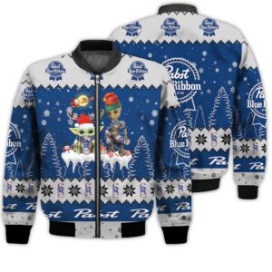 Tis The Season Christmas 2022 Baby Yoda Groot Santa Claus Deer Unisex Gift Pabst Blue Ribbon Beers 3D Bomber Jacket