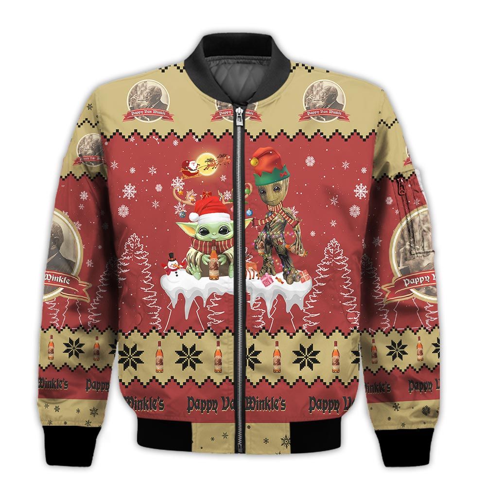 Tis-The-Season-Christmas-2022-Baby-Yoda-Groot-Santa-Claus-Deer-Unisex-Gift-Pappy-Van-Winkle-Whiskey-3D-Bomber-Jacket-1