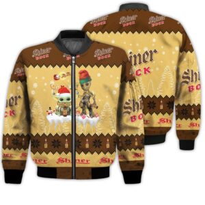 Tis The Season Christmas 2022 Baby Yoda Groot Santa Claus Deer Unisex Gift Shiner Bock Beers 3D Bomber Jacket