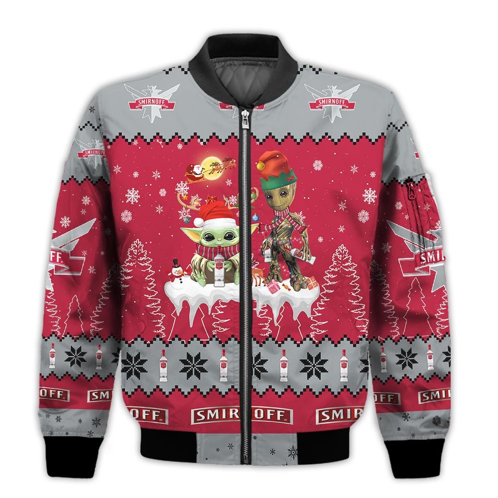 Tis-The-Season-Christmas-2022-Baby-Yoda-Groot-Santa-Claus-Deer-Unisex-Gift-Smirnoff-Beers-3D-Bomber-Jacket-1