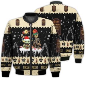 Tis The Season Christmas 2022 Baby Yoda Groot Santa Claus Deer Unisex Gift Uncle Nearest Whiskey 3D Bomber Jacket