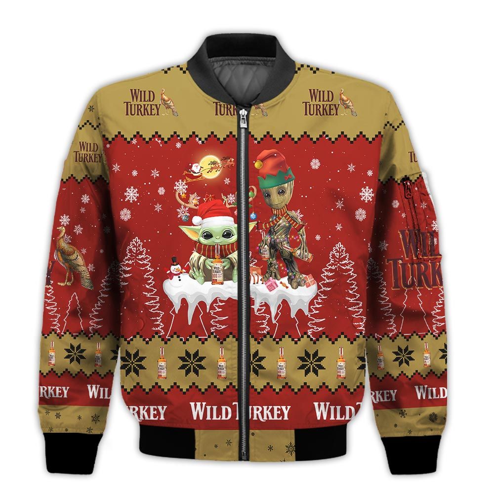 Tis-The-Season-Christmas-2022-Baby-Yoda-Groot-Santa-Claus-Deer-Unisex-Gift-Wild-Turkey-Whiskey-3D-Bomber-Jacket-1