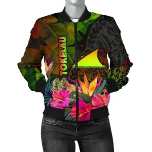 Tokelau Polynesian Women's Bomber Jacket - Hibiscus and Banana Leaves - BN15 Bomber Jacket