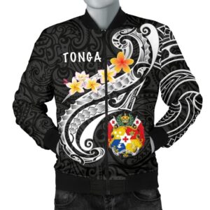 Tonga Men's Bomber Jacket - Tonga Seal Polynesian Patterns Plumeria (Black) - BN25 Bomber Jacket