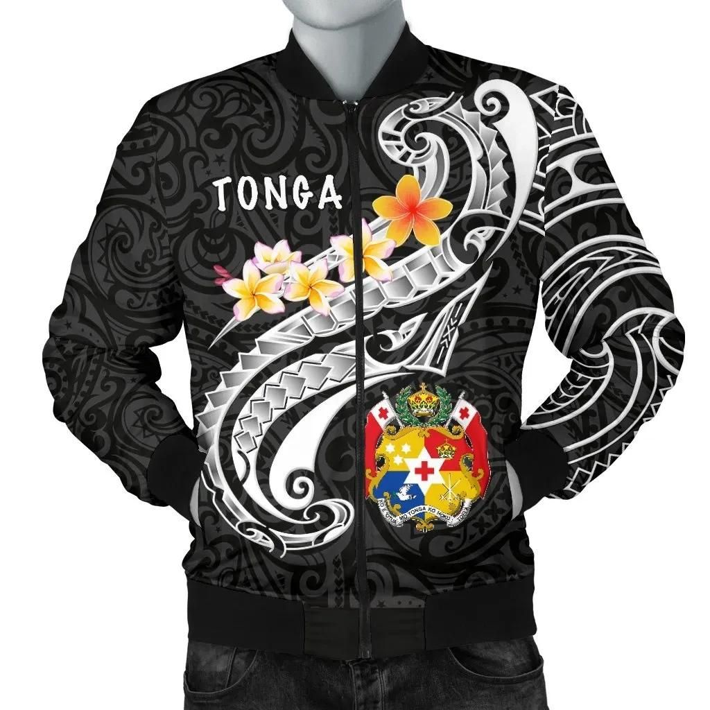 Tonga Men's Bomber Jacket - Tonga Seal Polynesian Patterns Plumeria (Black) - BN25 Bomber Jacket Tonga Men's Bomber Jacket - Tonga Seal Polynesian Patterns Plumeria (Black) - BN25 Bomber Jacket