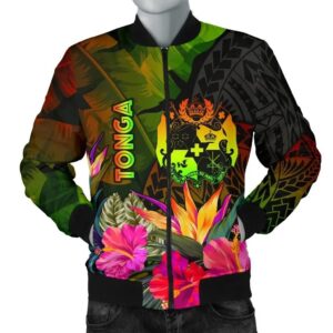 Tonga Polynesian Men's Bomber Jacket -  Hibiscus and Banana Leaves - BN15 Bomber Jacket
