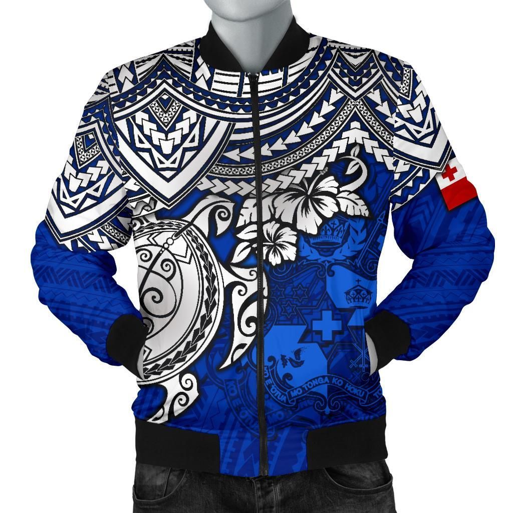 Tonga Polynesian bBomber Jacket (Men) - Blue Turtle - BN15 Bomber Jacket Tonga Polynesian bBomber Jacket (Men) - Blue Turtle - BN15 Bomber Jacket