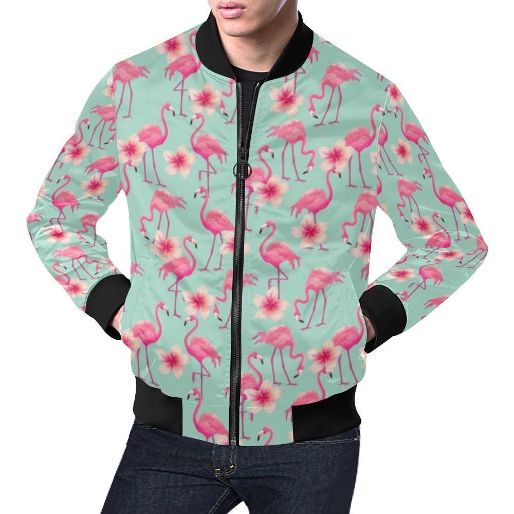 Tropical Flamingo Hibiscus Hawaiian Floral Pattern Print Mens Bomber Jacket Tropical Flamingo Hibiscus Hawaiian Floral Pattern Print Mens Bomber Jacket