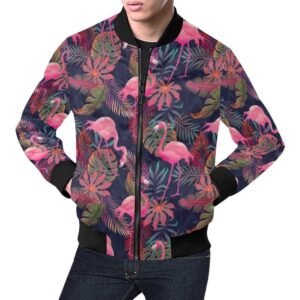 Tropical Flamingo Palm Leaves Hawaiian Floral Pattern Print Mens Bomber Jacket