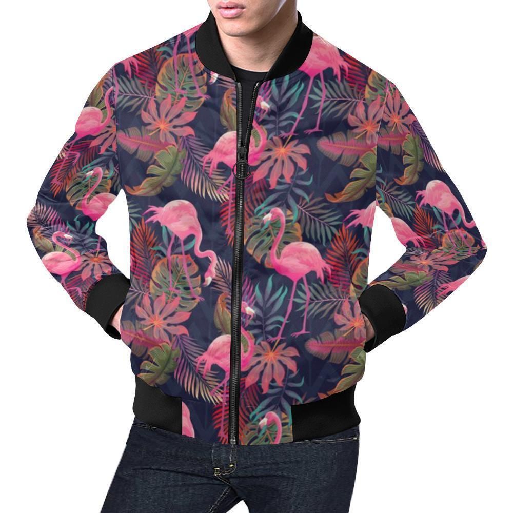 Tropical Flamingo Palm Leaves Hawaiian Floral Pattern Print Mens Bomber Jacket Tropical Flamingo Palm Leaves Hawaiian Floral Pattern Print Mens Bomber Jacket
