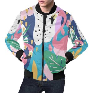 Tropical Flamingo Palm Leaves Hawaiian Pattern Print Mens Bomber Jacket