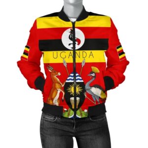 Uganda Pride Women's Bomber Jacket -  Uganda Flag with Grey Crowned Crane - BN21 Bomber Jacket