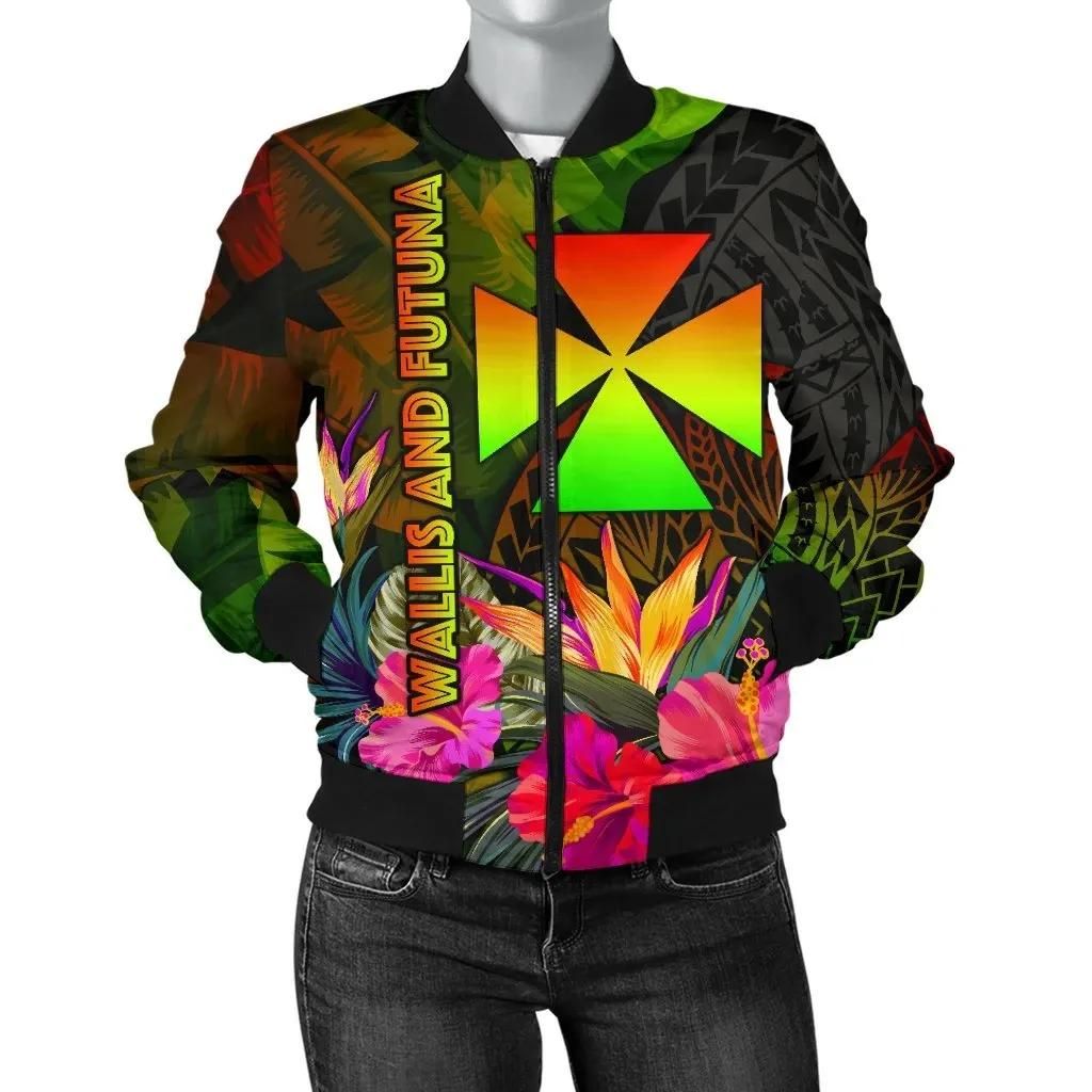 Wallis and Futuna Polynesian Women's Bomber Jacket - Hibiscus and Banana Leaves - BN15 Bomber Jacket Wallis and Futuna Polynesian Women's Bomber Jacket - Hibiscus and Banana Leaves - BN15 Bomber Jacket