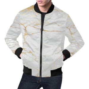 White Gold Marble Pattern Print Mens Bomber Jacket