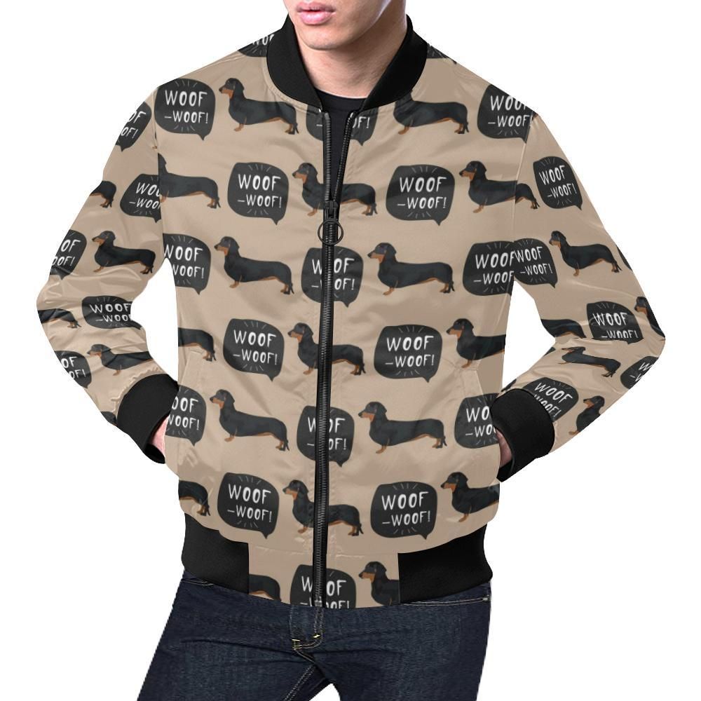 Wiener Dog Woof Woof Dachshund Pattern Print Mens Bomber Jacket Wiener Dog Woof Woof Dachshund Pattern Print Mens Bomber Jacket