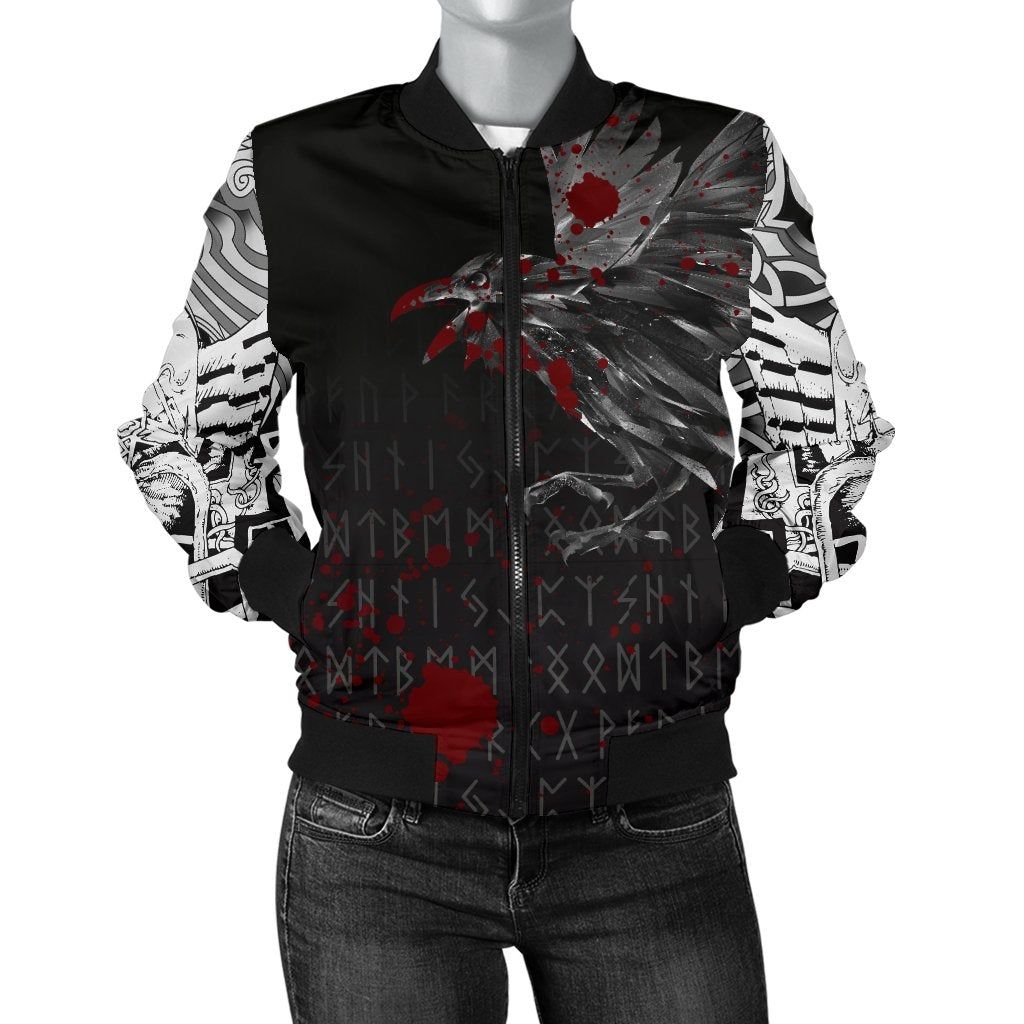 Women's Bomber Jacket - The Raven Of Odin Rune Blood A27 Bomber Jacket Women's Bomber Jacket - The Raven Of Odin Rune Blood A27 Bomber Jacket
