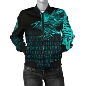 Women's Bomber Jacket - The Raven Of Odin Rune Cyan A27 Bomber Jacket