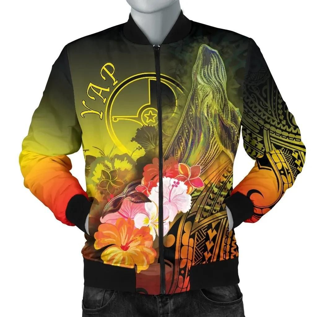 Yap Men's Bomber Jacket - Humpback Whale with Tropical Flowers (Yellow) - BN18 Bomber Jacket Yap Men's Bomber Jacket - Humpback Whale with Tropical Flowers (Yellow) - BN18 Bomber Jacket