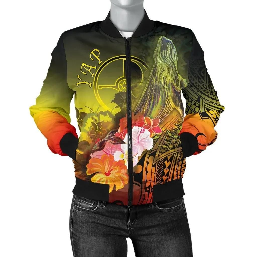 Yap Women's Bomber Jacket - Humpback Whale with Tropical Flowers (Yellow) - BN18 Bomber Jacket Yap Women's Bomber Jacket - Humpback Whale with Tropical Flowers (Yellow) - BN18 Bomber Jacket