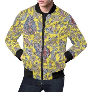 Yellow Paisley Pattern Print Mens Bomber Jacket
