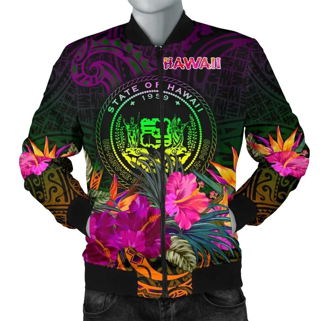 bPolynesian Hawaii Men's Bomber Jacket - Summer Hibiscus - BN15 Bomber Jacket bPolynesian Hawaii Men's Bomber Jacket - Summer Hibiscus - BN15 Bomber Jacket
